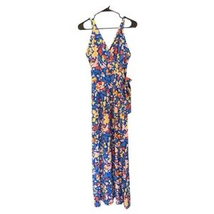 41 Hawthorn Blue Floral Maxi Dress with Pink and Yellow Accents Large
